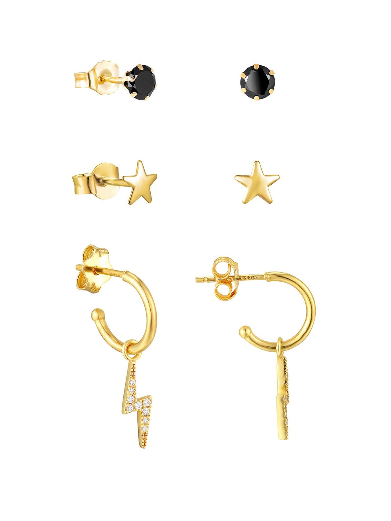 Product photograph of The Love Silver Collection 18ct Gold Plated Cz Lightning Bolt Hoop Star Stud And 3mm Black Stud Earrings from very.co.uk