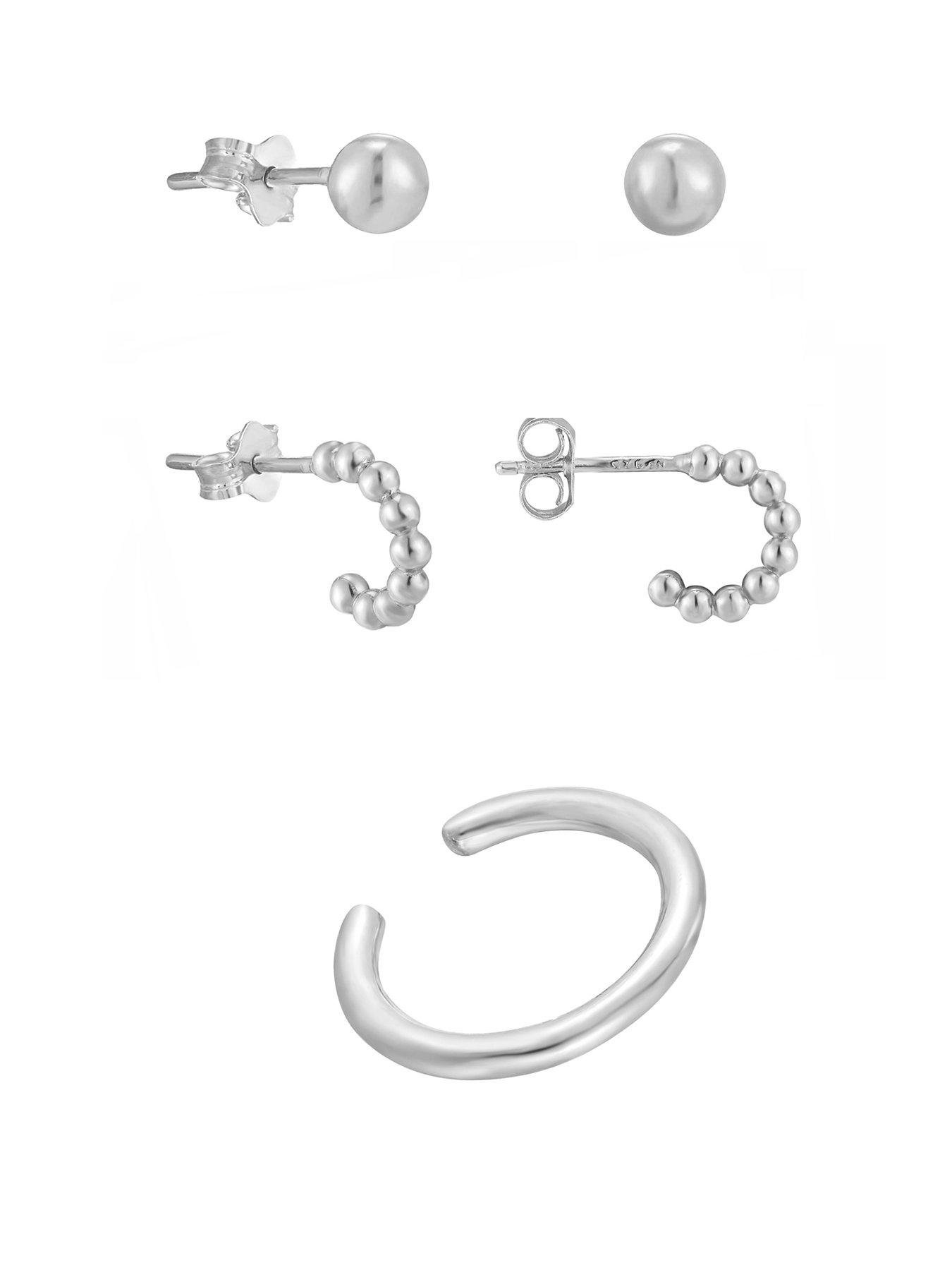 Product photograph of The Love Silver Collection Sterling Silver Stud Hoops 3mm Ball Studs And Cuff Set Of Earrings from very.co.uk