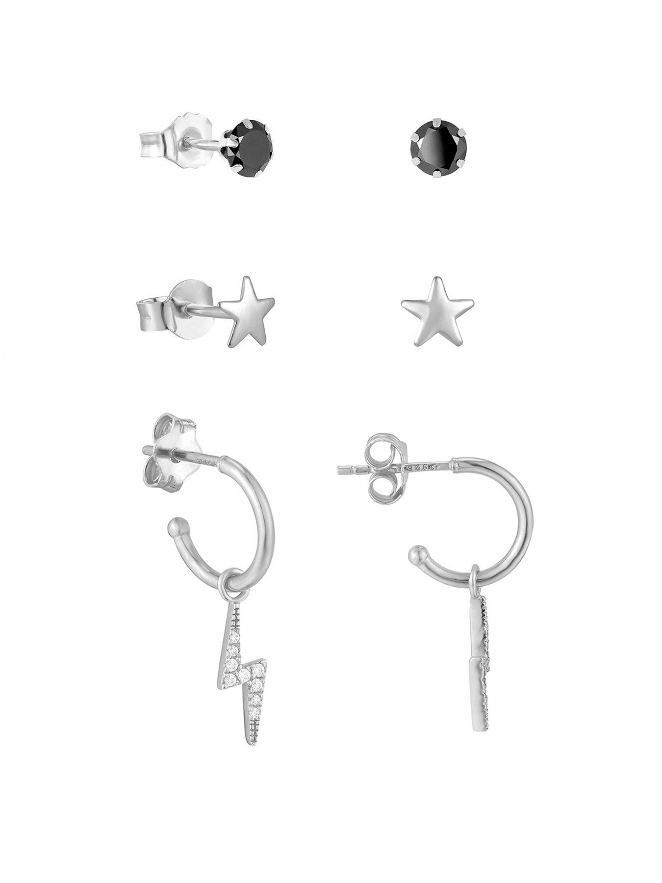 Product photograph of The Love Silver Collection Sterling Silver Cz Lightning Bolt Hoops Star Studs And 3mm Black Cz Studs Earrings from very.co.uk