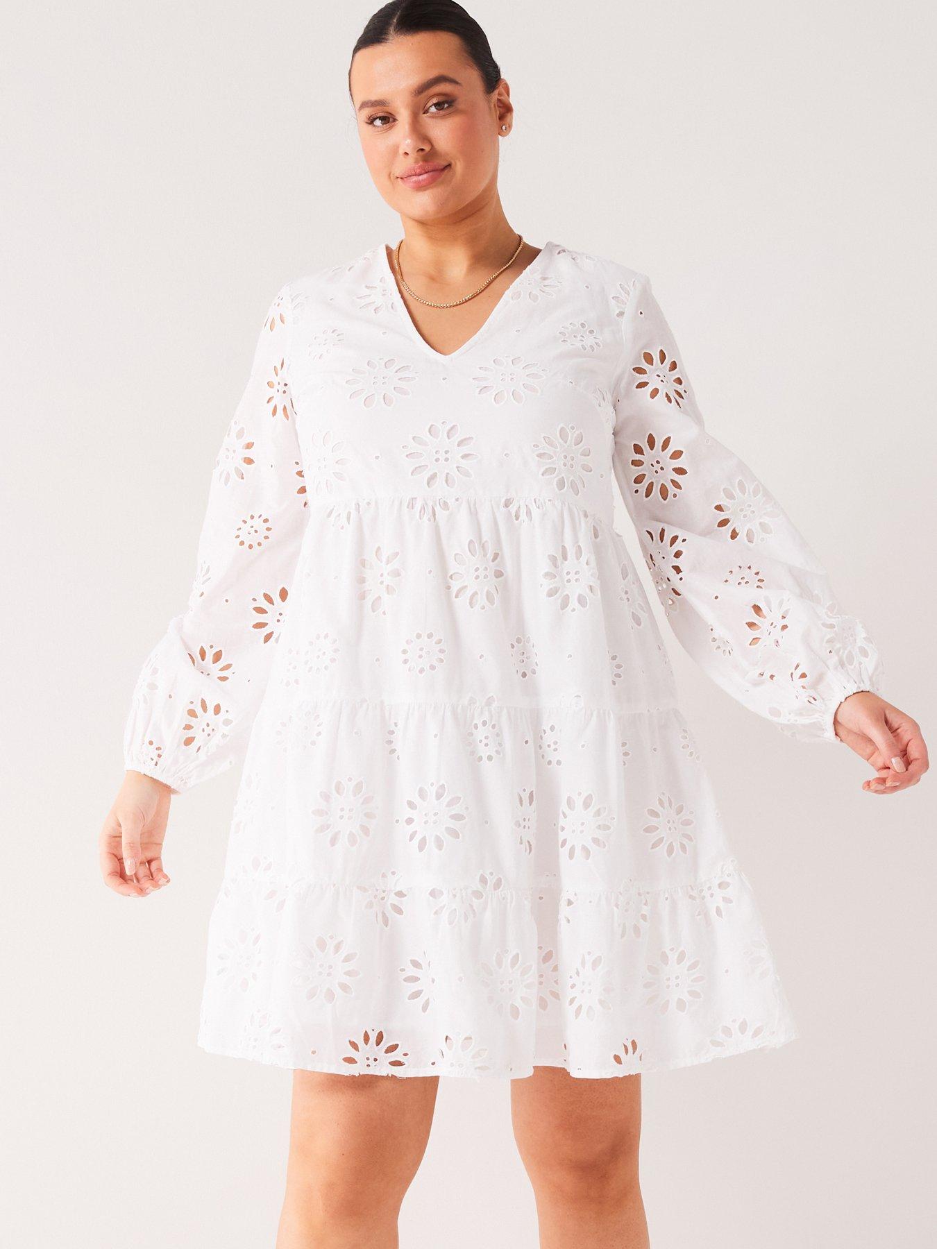 undefined Broderie Anglaise Cotton Tiered Mini Dress - White
