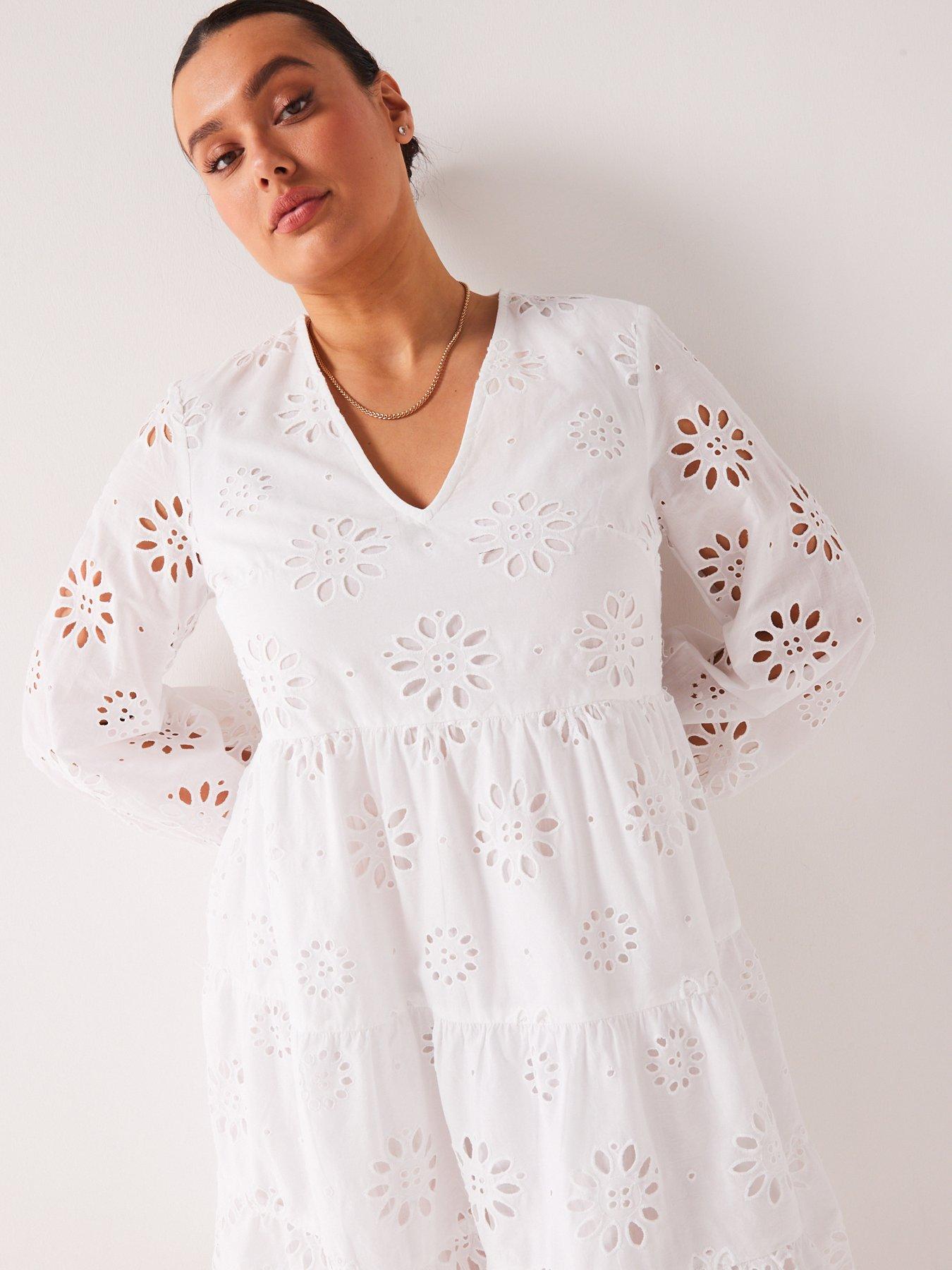 V by Very Curve Broderie Anglaise Cotton Tiered Mini Dress - White |  Very.co.uk