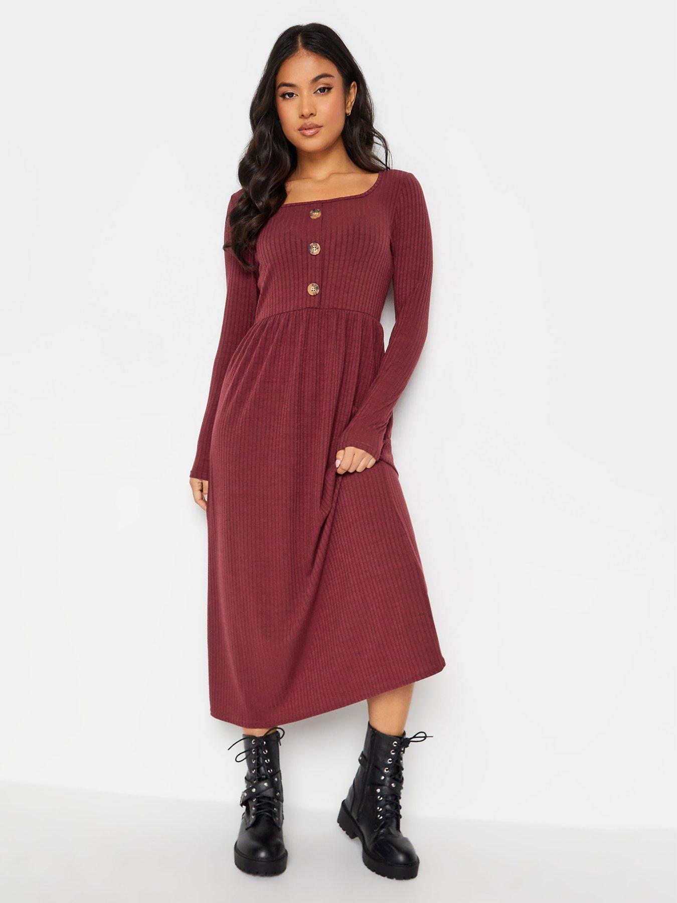 Image 1 of 4 of PixieGirl Petite Berry Long Sleeve Rib Button Midaxi Dress