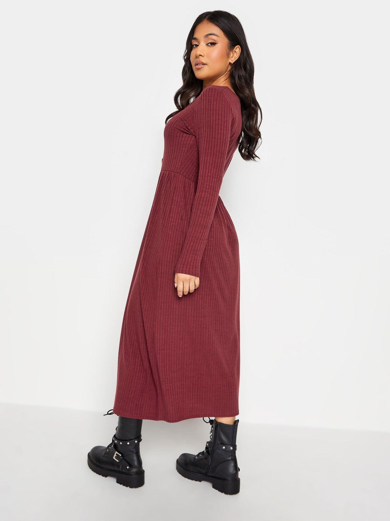 Image 2 of 4 of PixieGirl Petite Berry Long Sleeve Rib Button Midaxi Dress