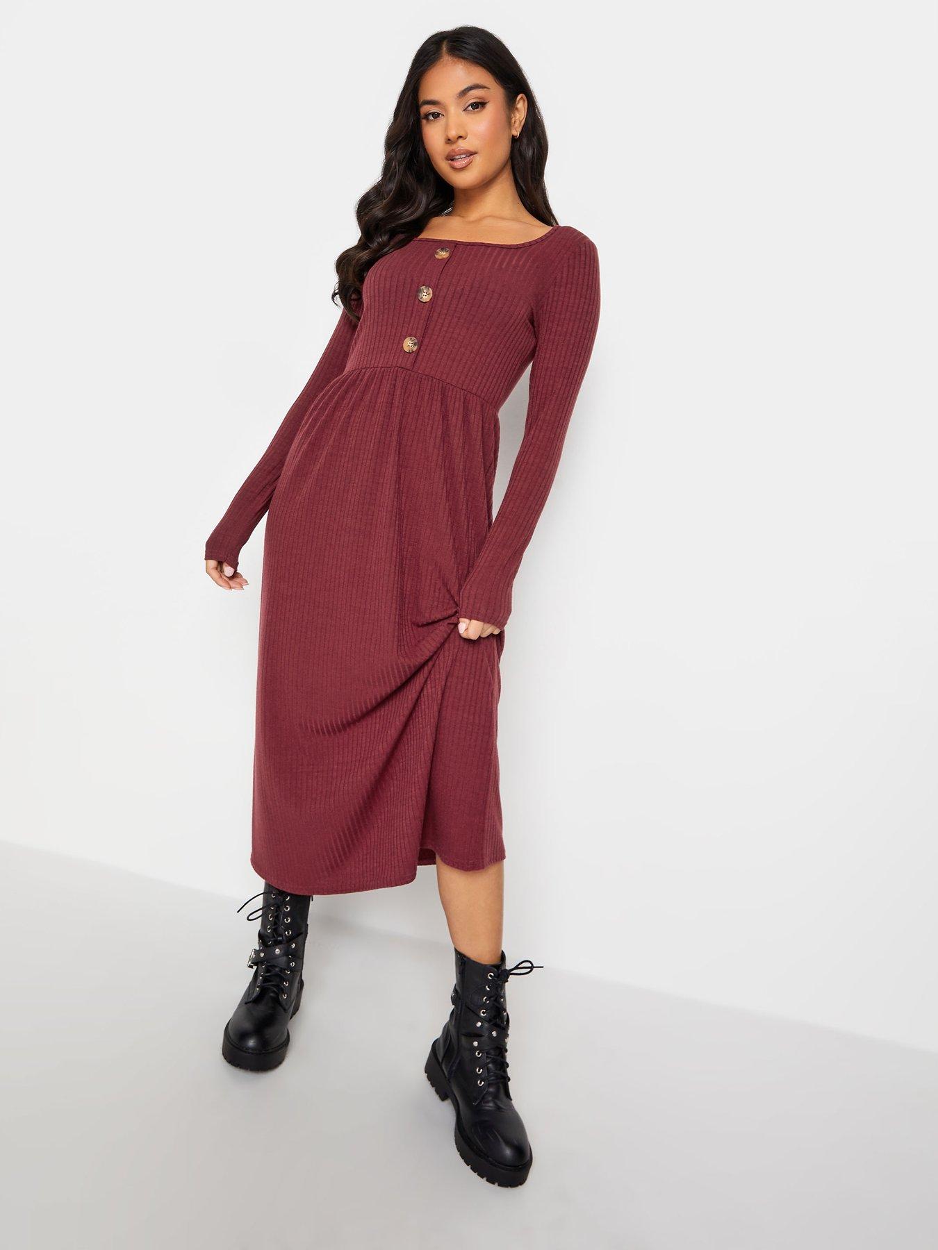 Image 3 of 4 of PixieGirl Petite Berry Long Sleeve Rib Button Midaxi Dress