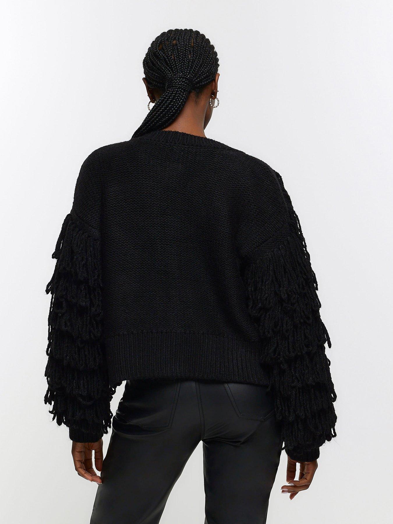 River Island Fringed Detail Cardigan - Black | very.co.uk