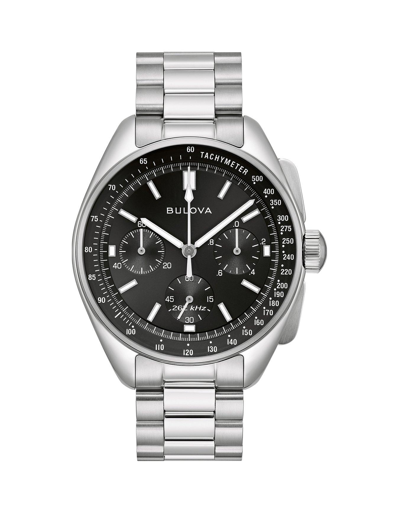 Product photograph of Bulova Lunar Pilot Chronograph Black Dial Stainless Steel Mens Watch from very.co.uk