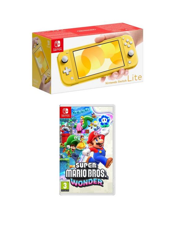front image of nintendo-switch-lite-yellow-console-with-amp-super-mario-bros-wonder