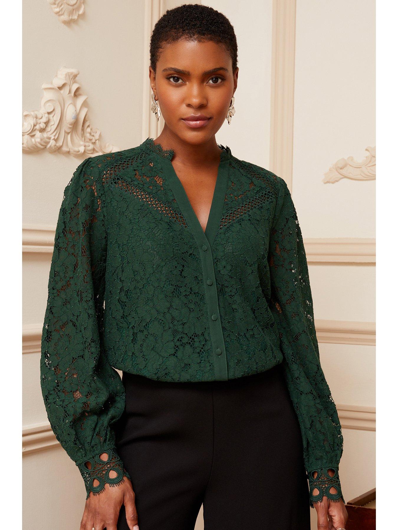 Lace Button Through Blouse Green