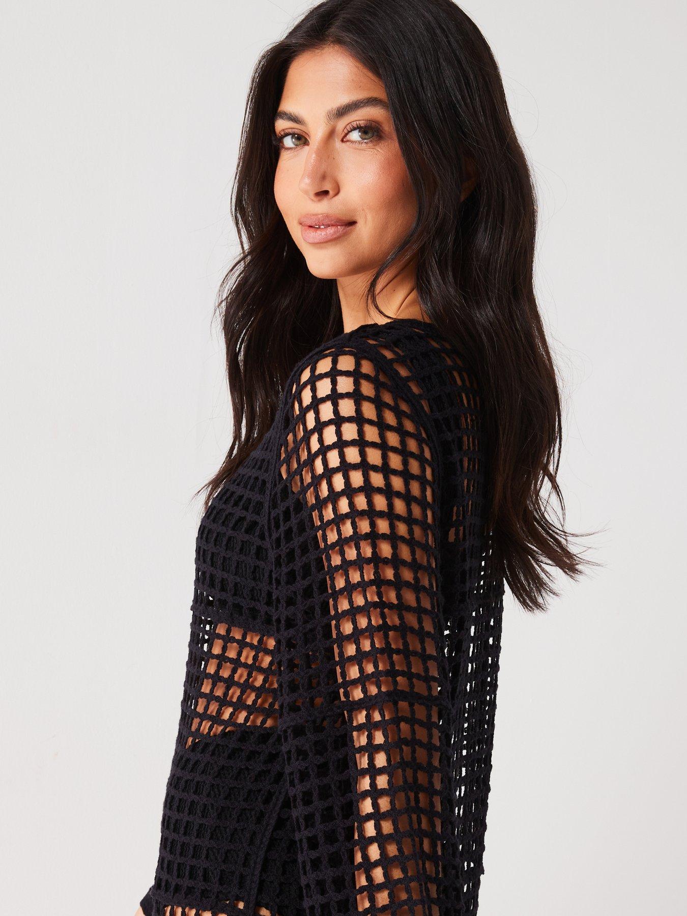 V by Very Long Sleeve Crochet Beach Cover Up Black