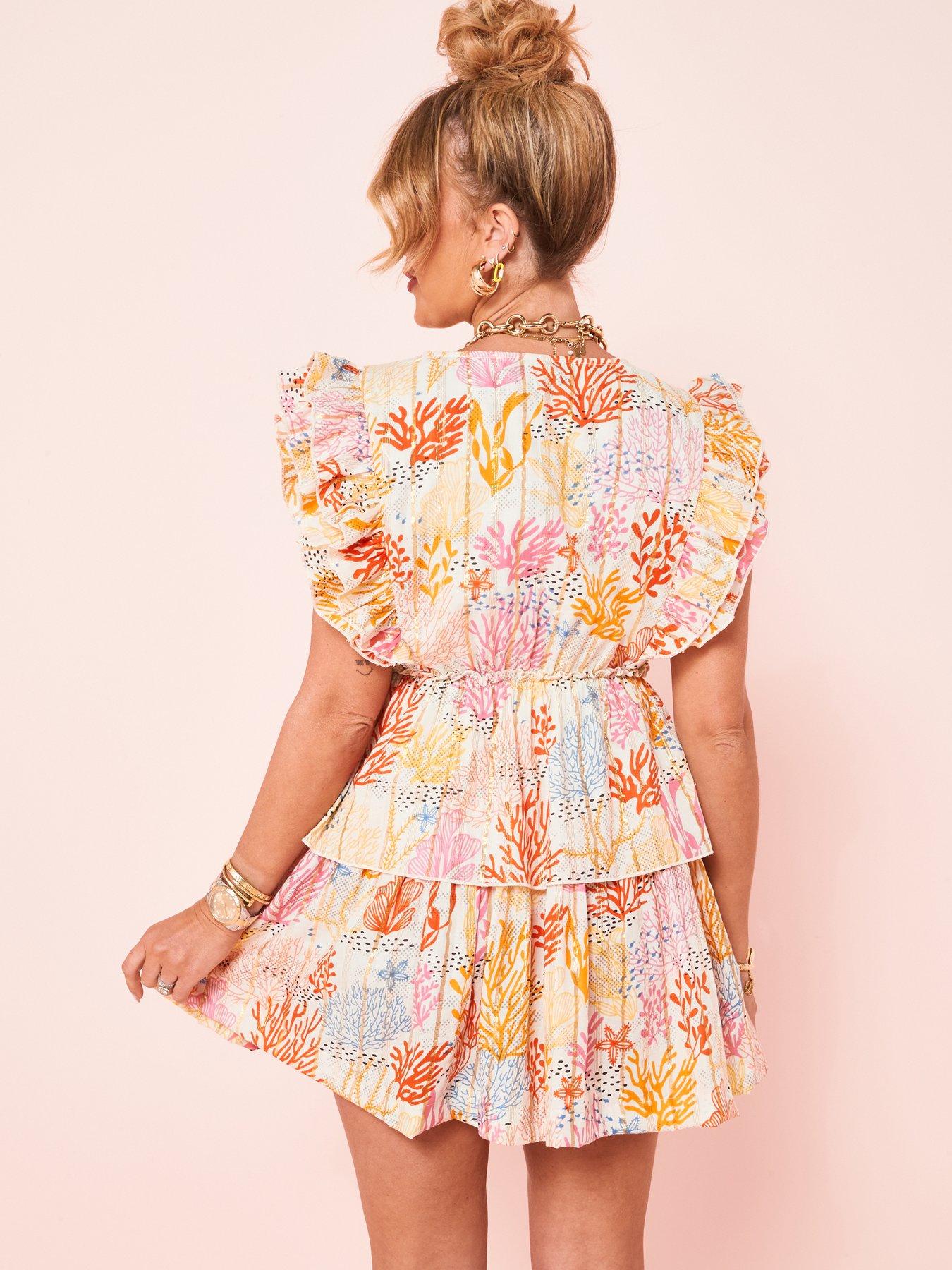 V by Very X Tara Maynard Embellished Detail Frill Mini Beach Dress Multi Very