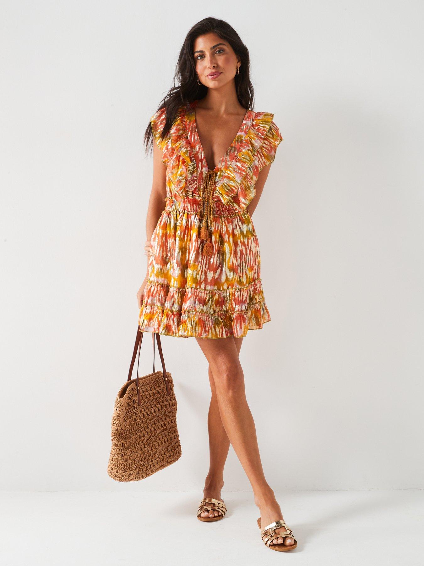 Double Frill Lurex Tiered Beach Mini Dress Orange