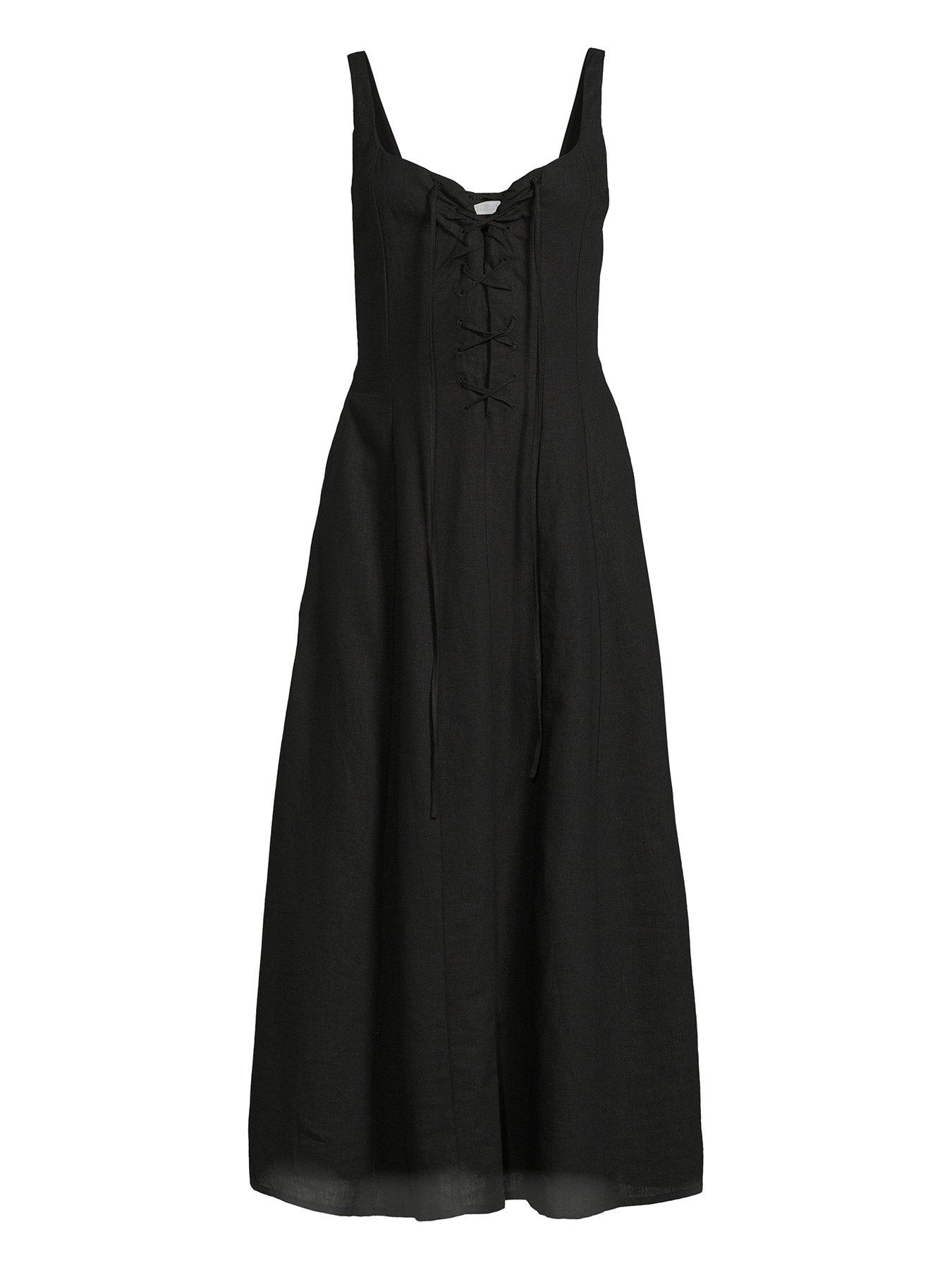 Michelle Keegan Linen Lace up Corset Midi Dress - Black | Very.co.uk