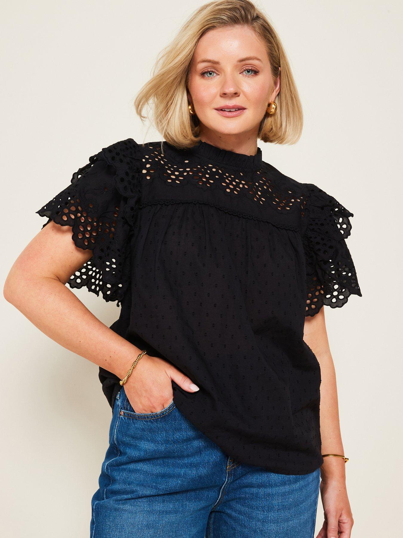 undefined X Laura Byrnes Cotton Broderie Frill Sleeve Blouse - Black