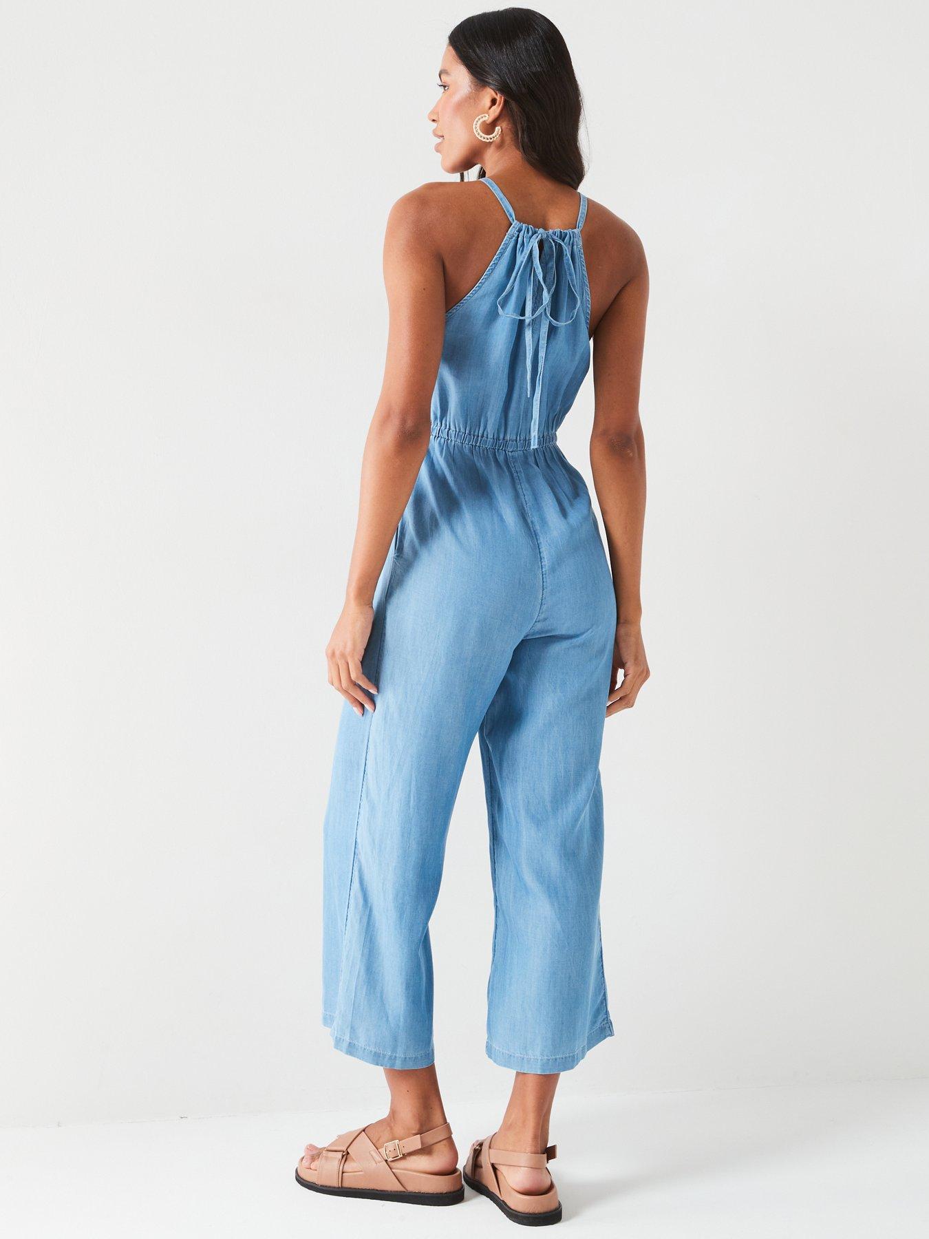 V by Very Easy High Neck Super Soft Denim Jumpsuit Midi Wash