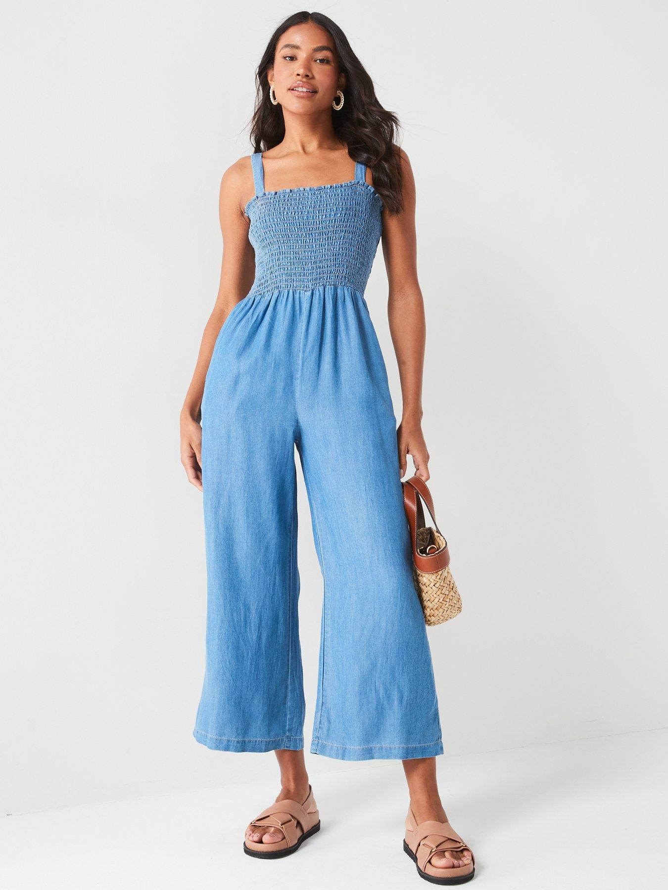 Image 1 of 6 of V by Very Supersoft Denim Smock Top Jumpsuit