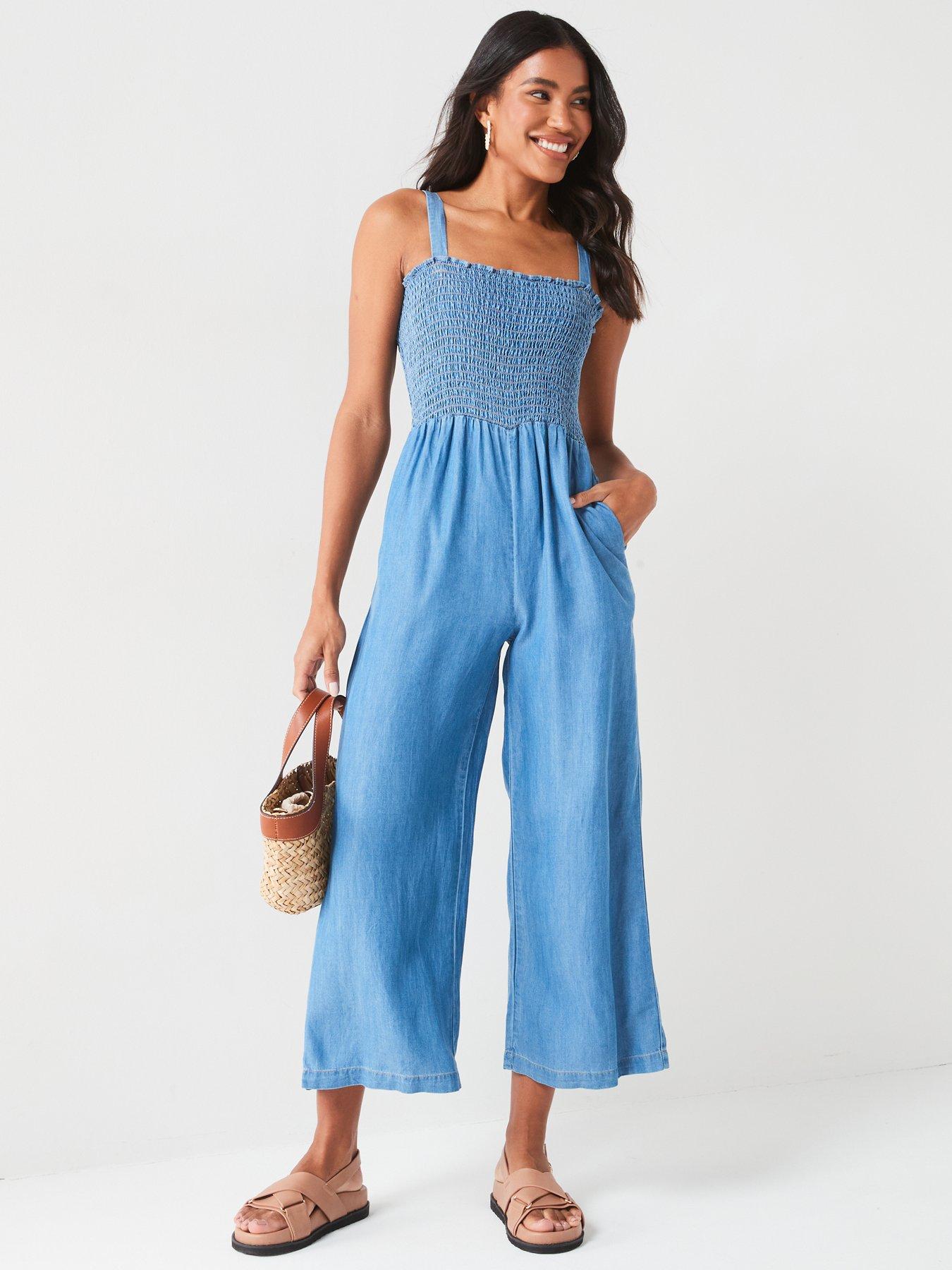 Image 3 of 6 of V by Very Supersoft Denim Smock Top Jumpsuit