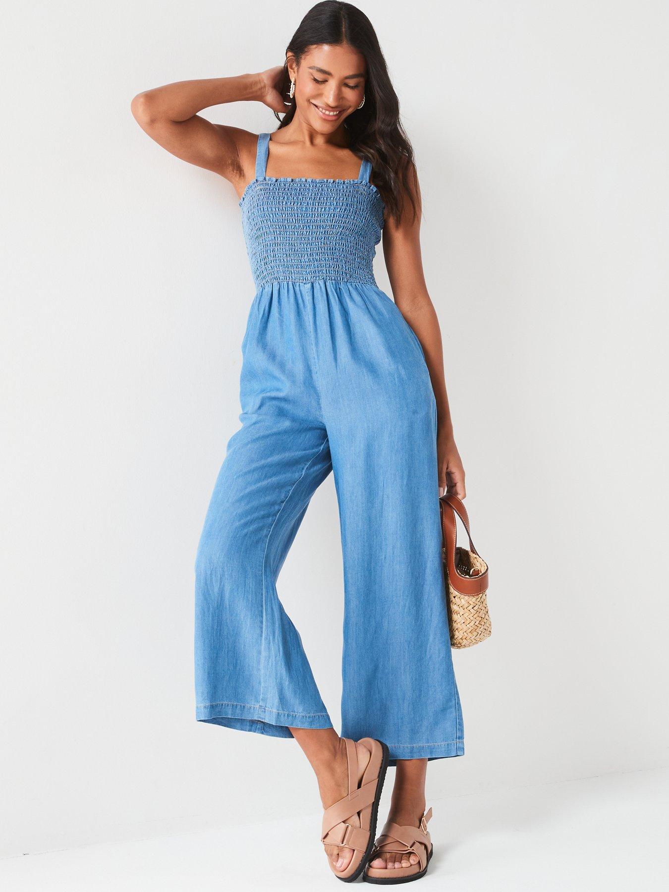 Image 4 of 6 of V by Very Supersoft Denim Smock Top Jumpsuit