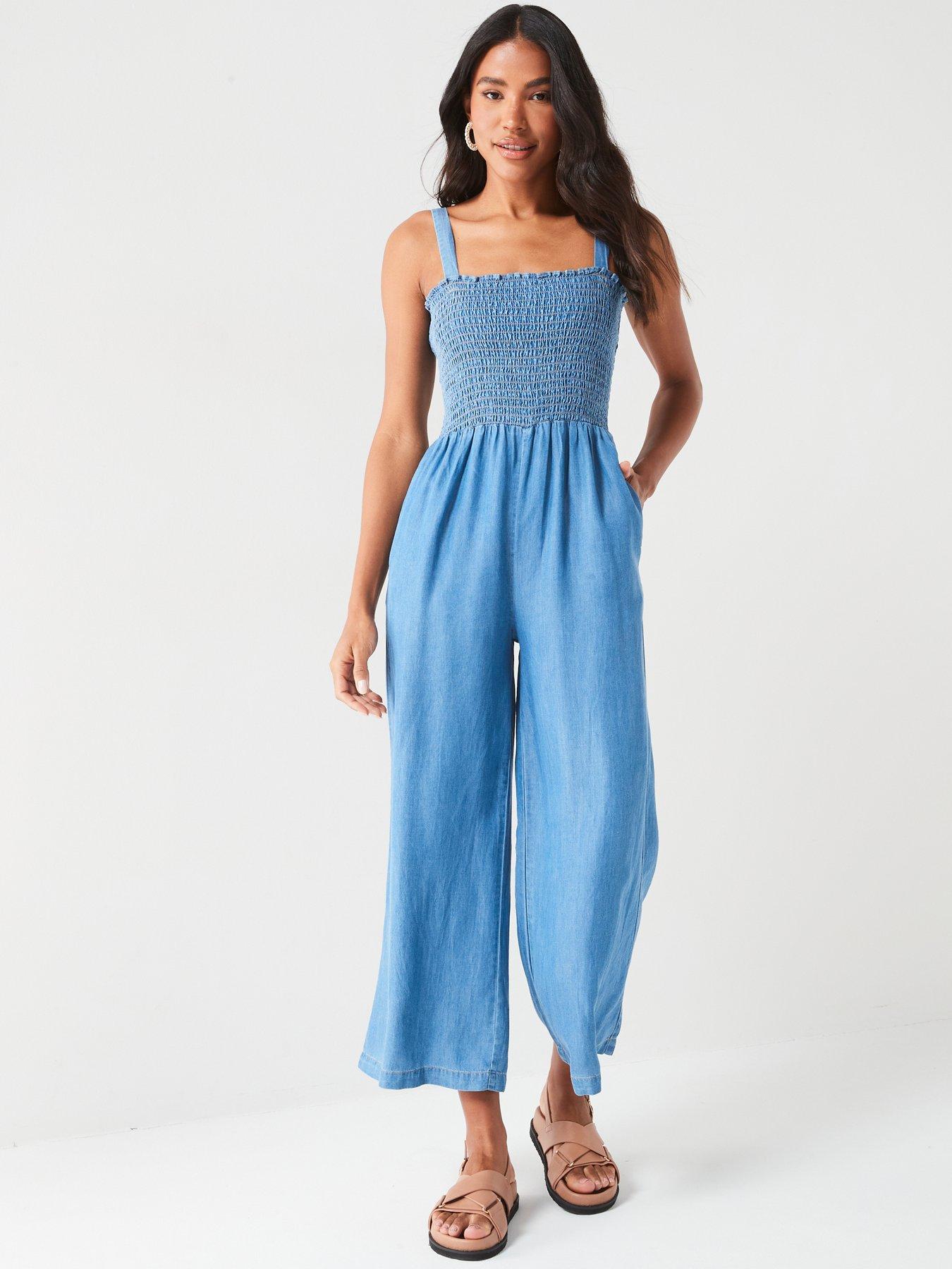 Image 5 of 6 of V by Very Supersoft Denim Smock Top Jumpsuit