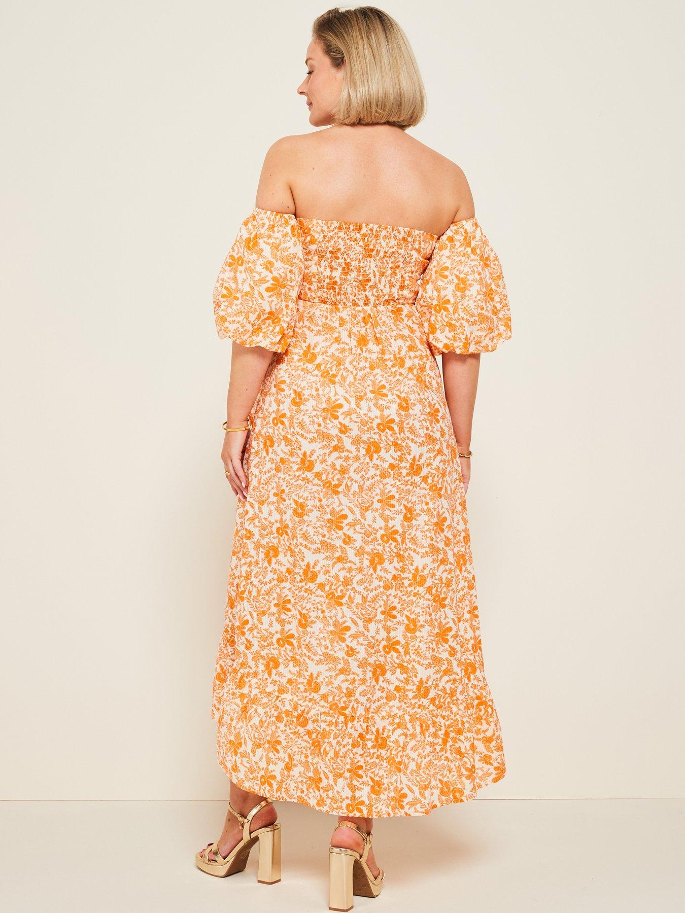 Image 2 of 6 of V by Very X Laura Byrnes&nbsp;Bardot Floral Midi Dress - Orange