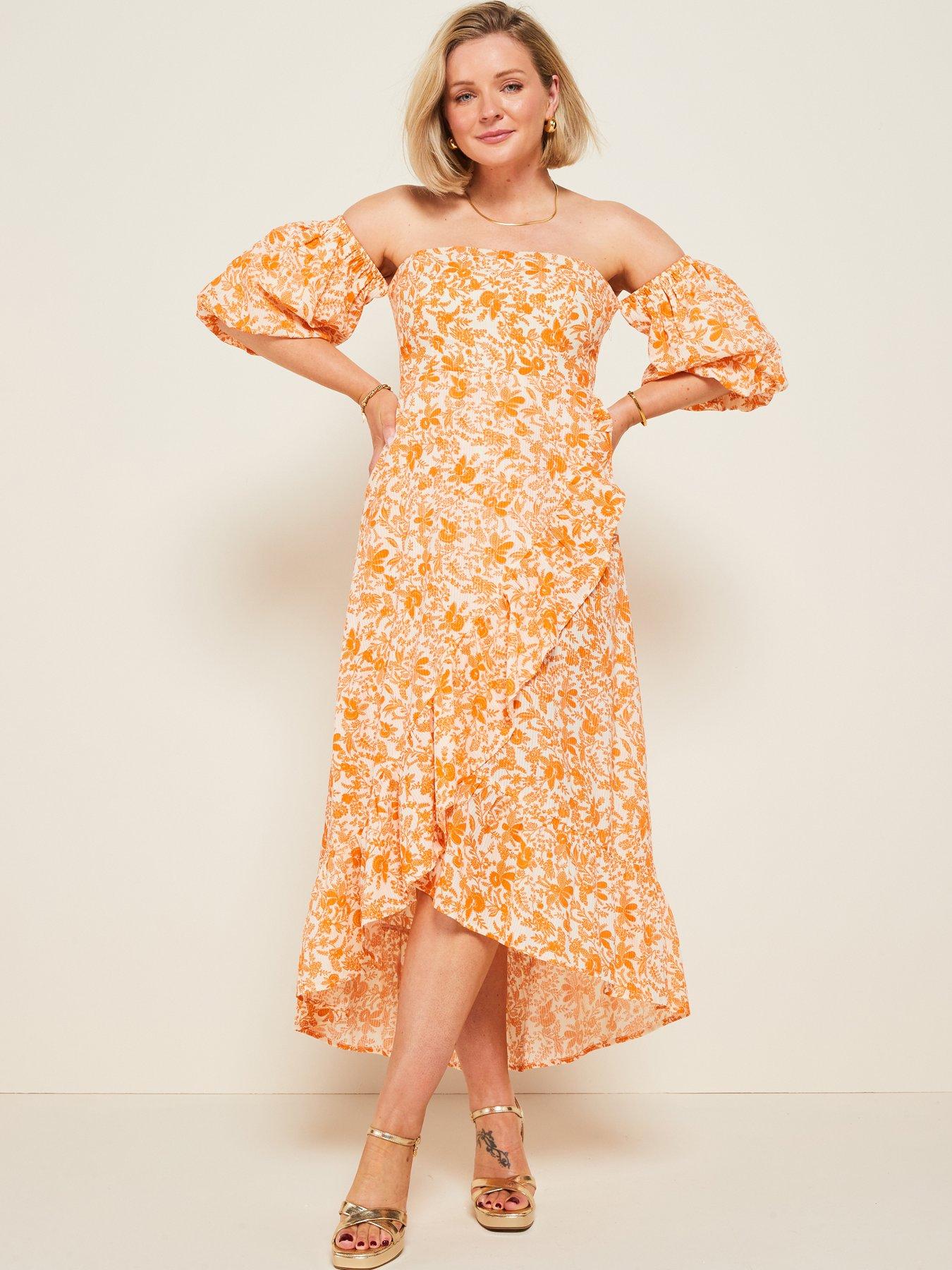 Image 3 of 6 of V by Very X Laura Byrnes&nbsp;Bardot Floral Midi Dress - Orange