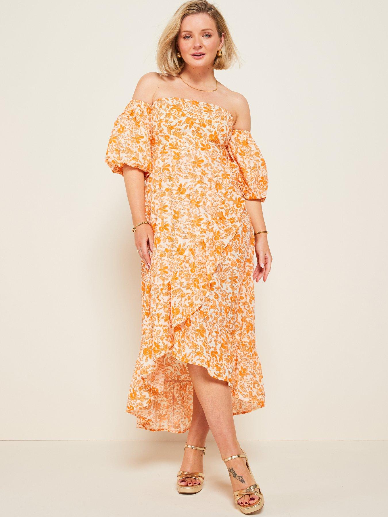 Image 4 of 6 of V by Very X Laura Byrnes&nbsp;Bardot Floral Midi Dress - Orange
