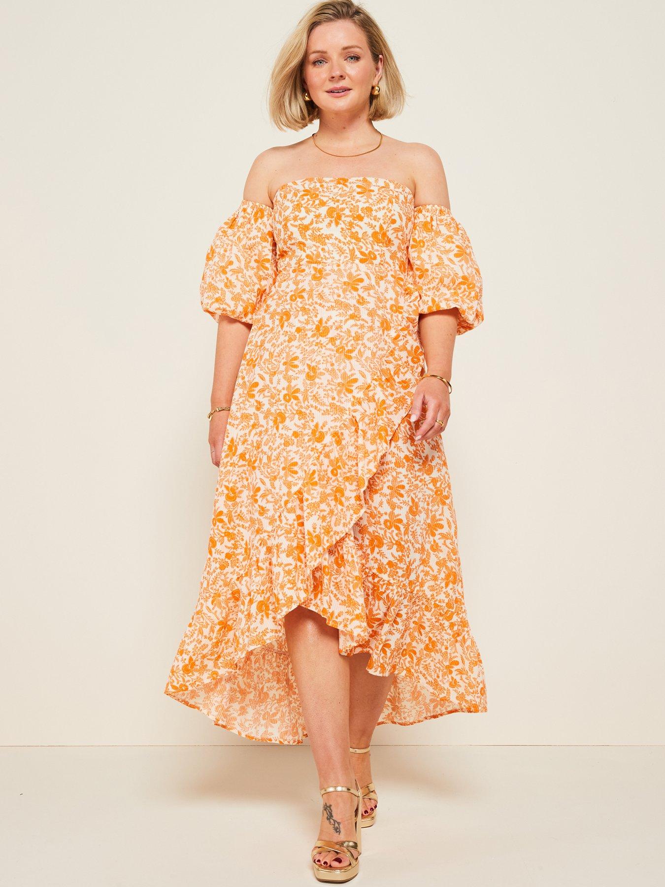 Image 6 of 6 of V by Very X Laura Byrnes&nbsp;Bardot Floral Midi Dress - Orange