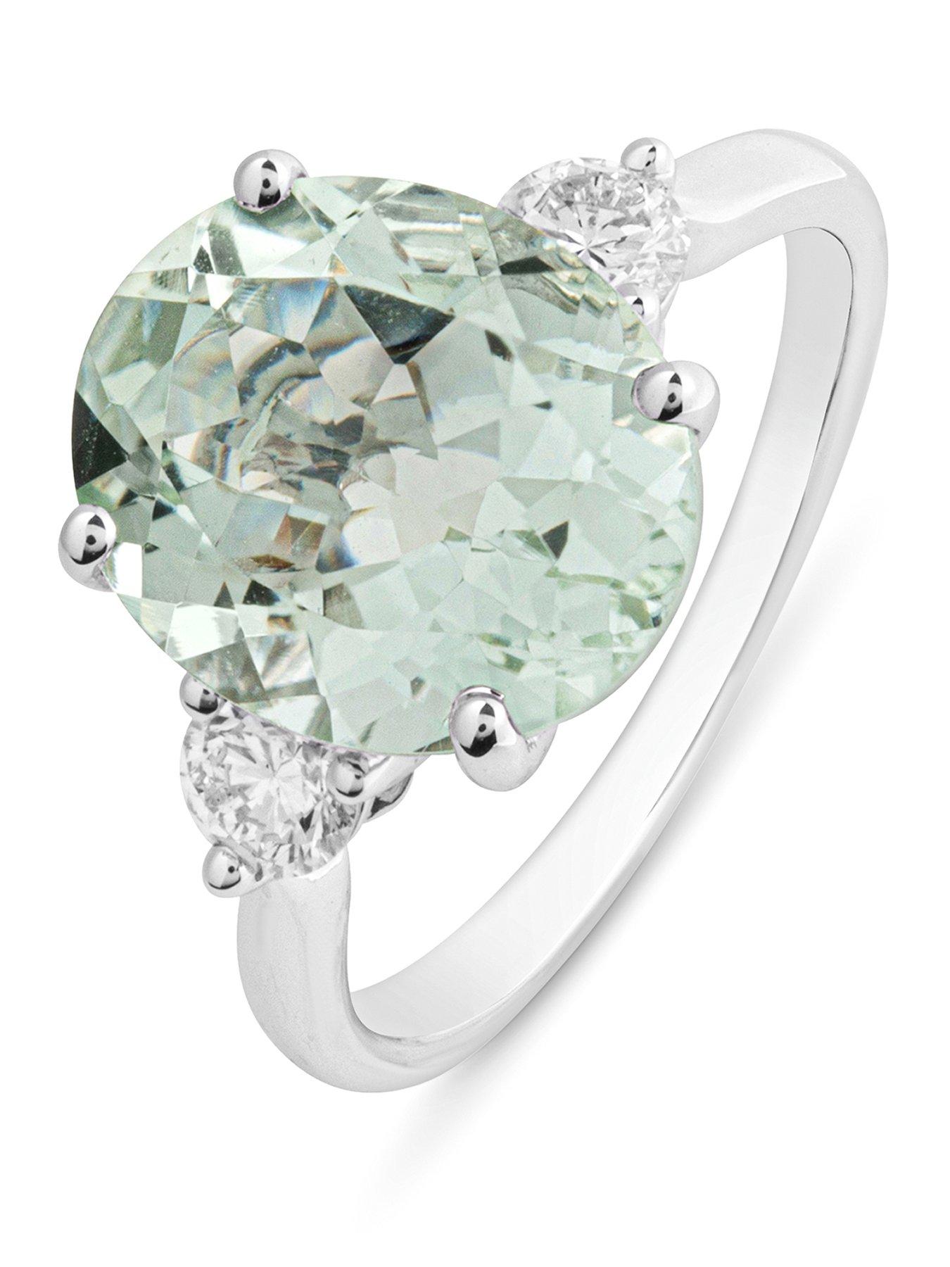 The Love Collection Lottie 9ct White Gold Natural Green Amethyst with Oval Cut 0.35ct Lab Grown Diamond Ring.