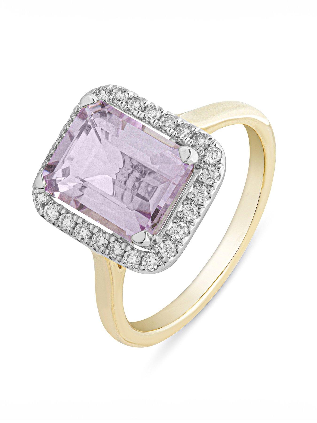 Product photograph of The Love Collection Reeva 9ct Gold Natural Pink Amethyst 10x8mm Emerald Cut 0 25ct Lab Grown Diamond Ring from very.co.uk