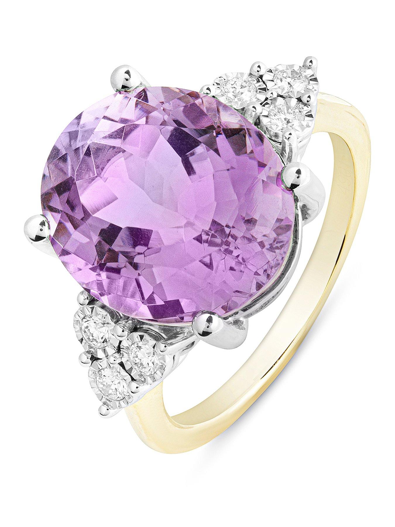 The Love Collection Sofia 9ct Gold Natural Amethyst 12x10mm Oval 0.15ct Lab Grown Diamond Ring