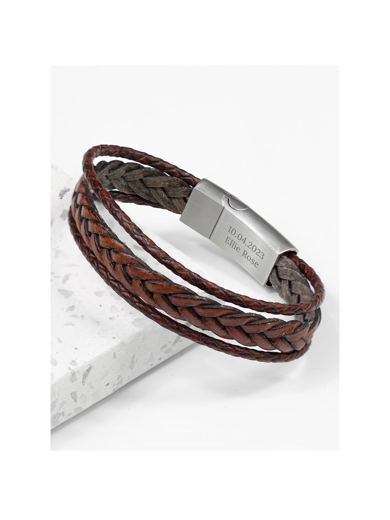 Treat Republic Personalised Men's Braided Brown Leather Bracelet