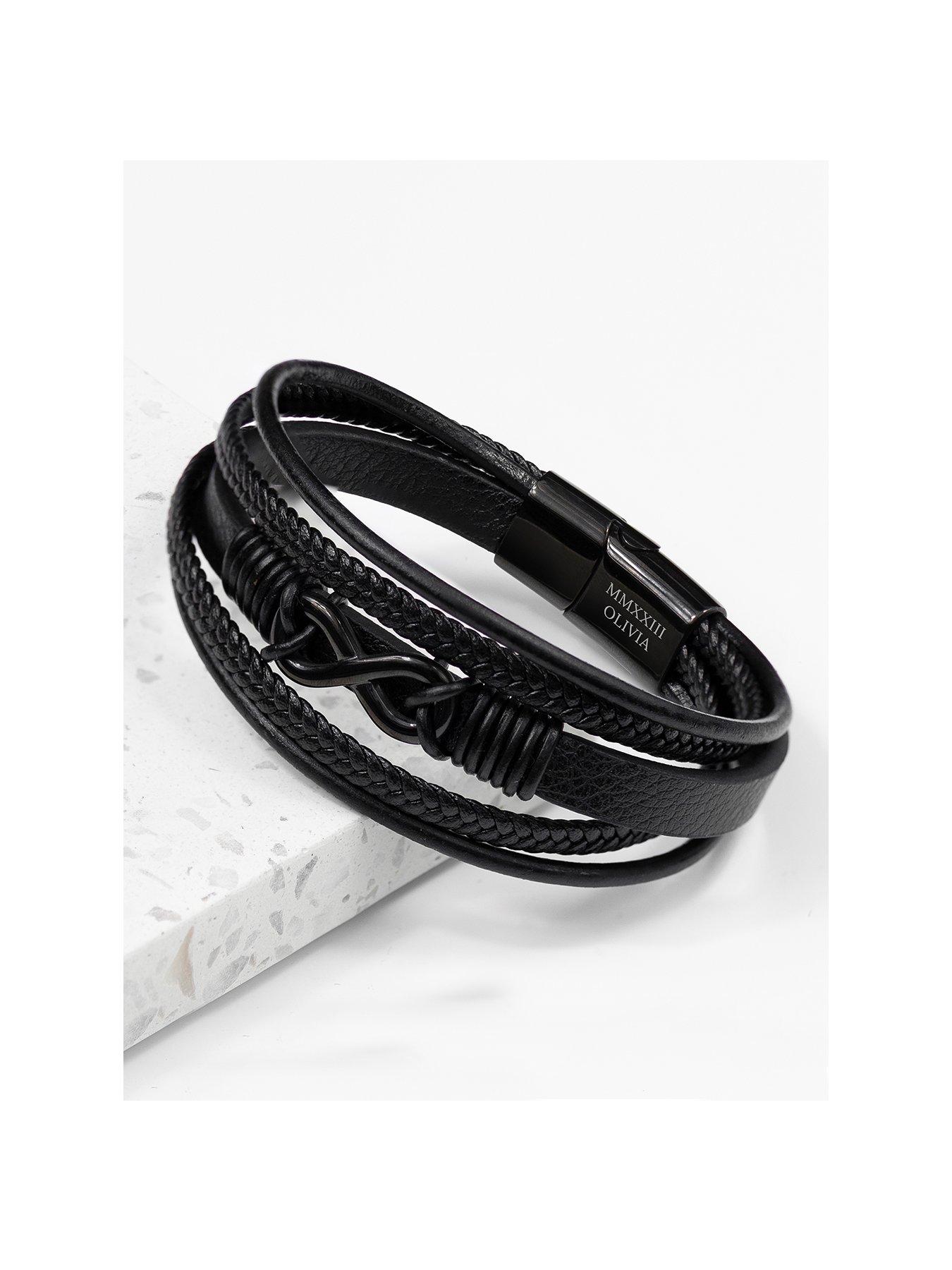 undefined Personalised Men's Infinity Black Leather Stacked Bracelet