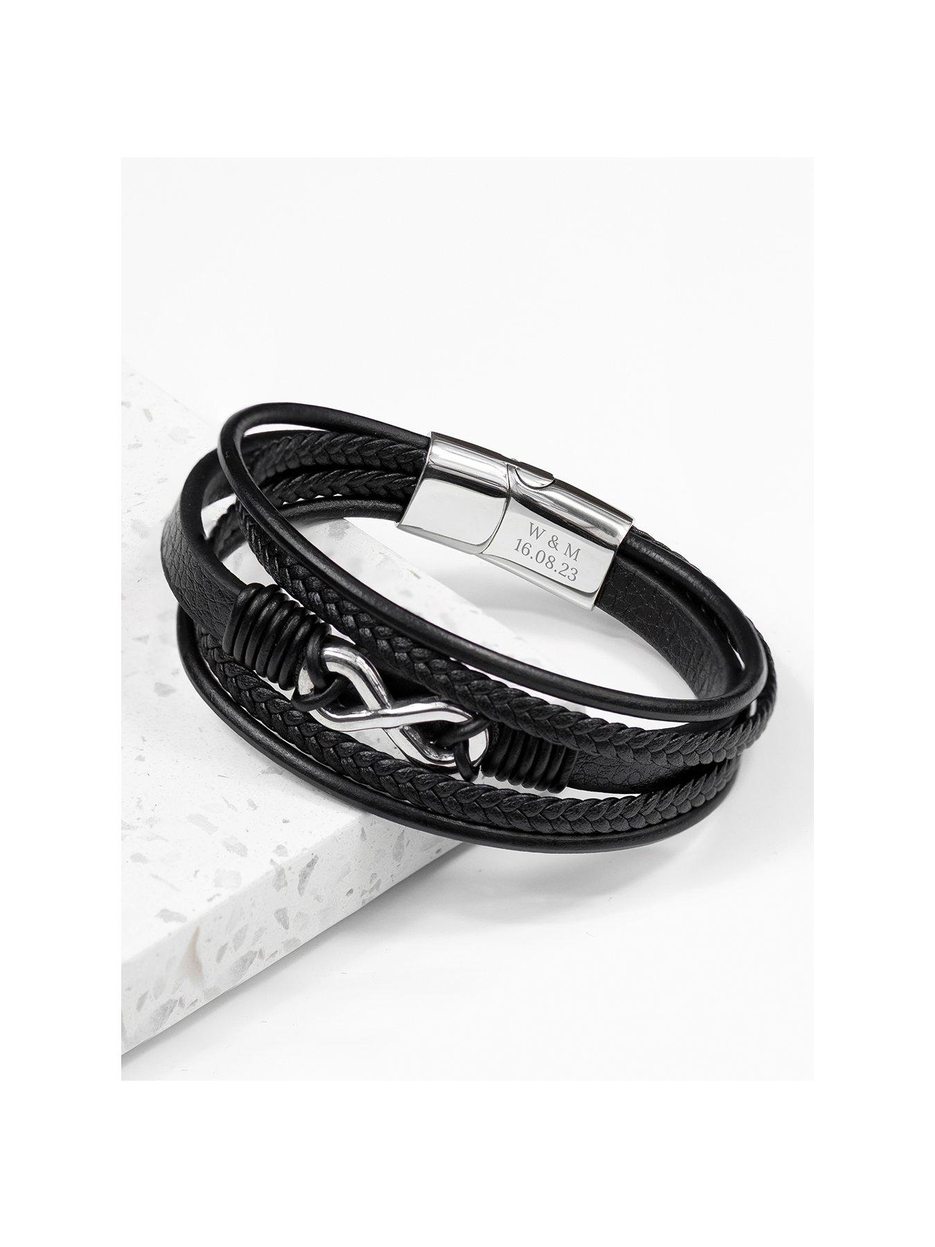 Product photograph of Treat Republic Personalised Men S Infinity Gunmetal Black Leather Stacked Bracelet from very.co.uk