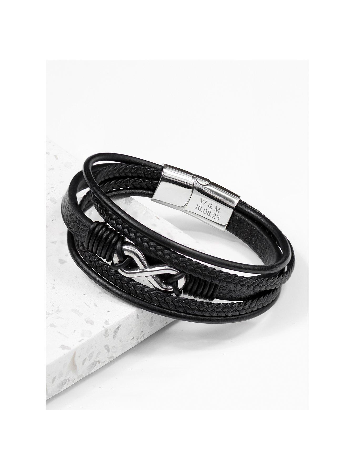 Treat Republic Personalised Men's Infinity Gunmetal Black Leather Stacked Bracelet