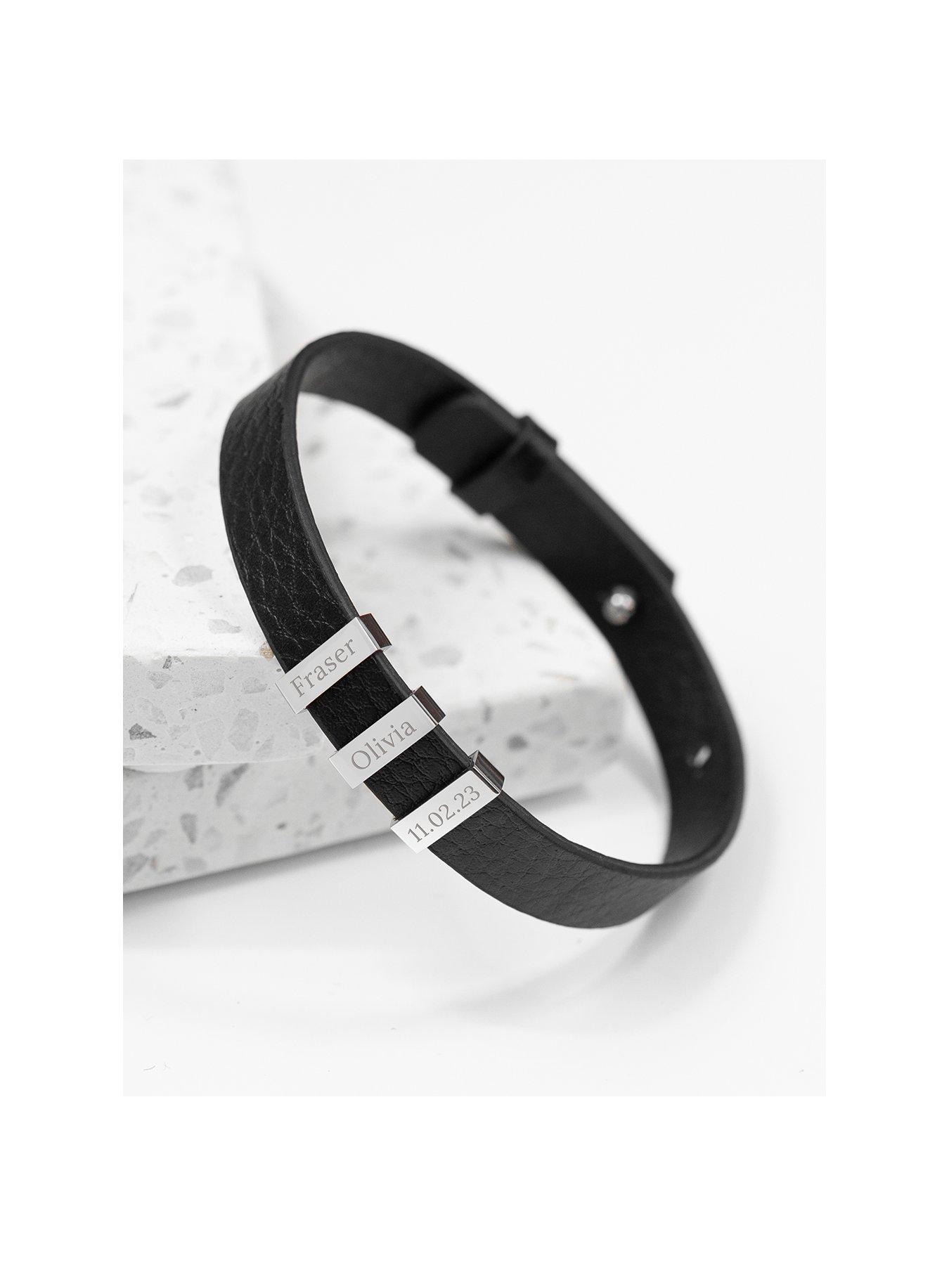 Product photograph of Treat Republic Personalised Men S Engraved Black Leather Bracelet from very.co.uk