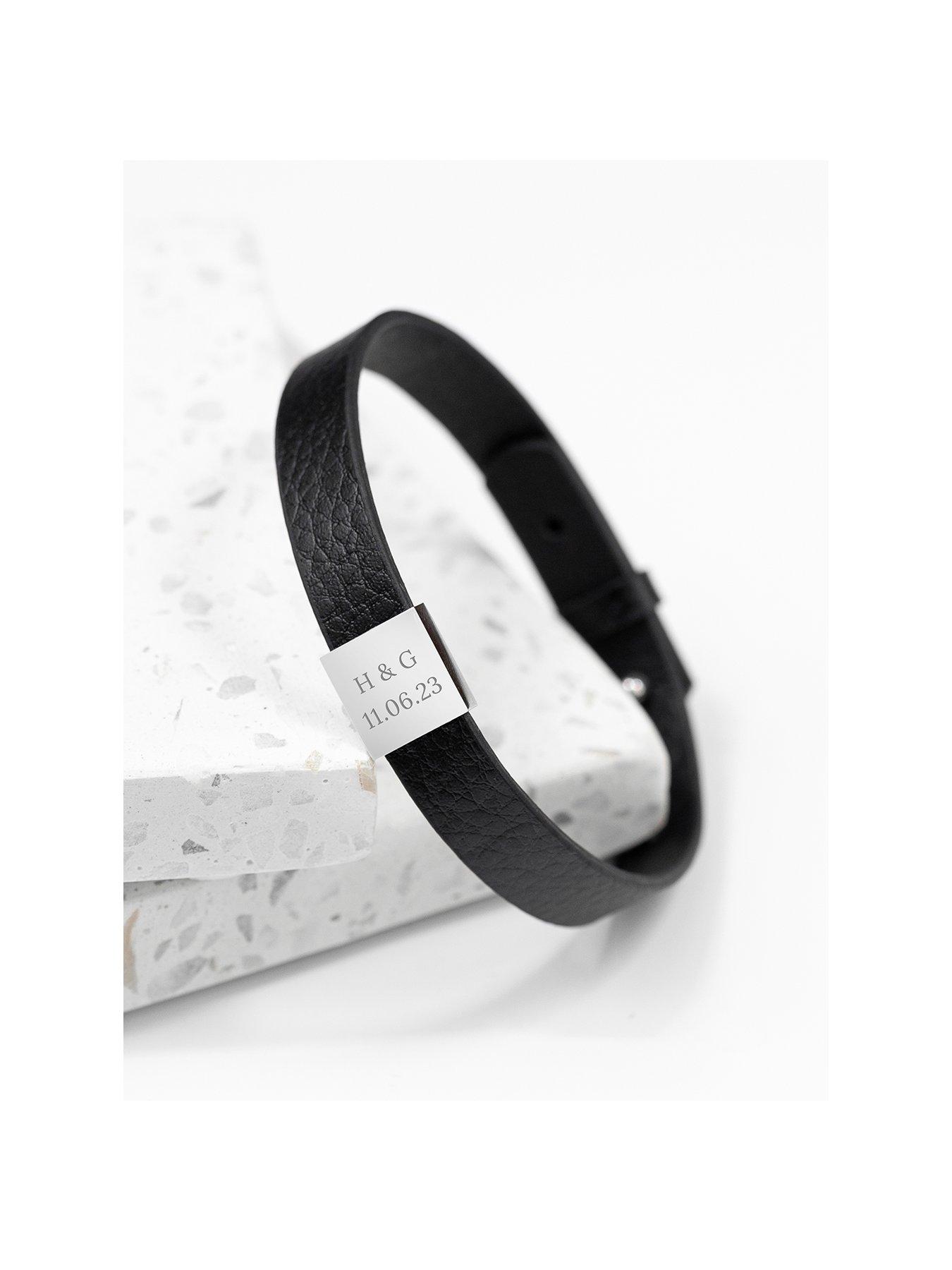 Product photograph of Treat Republic Personalised Men S Statement Message Black Leather Bracelet from very.co.uk