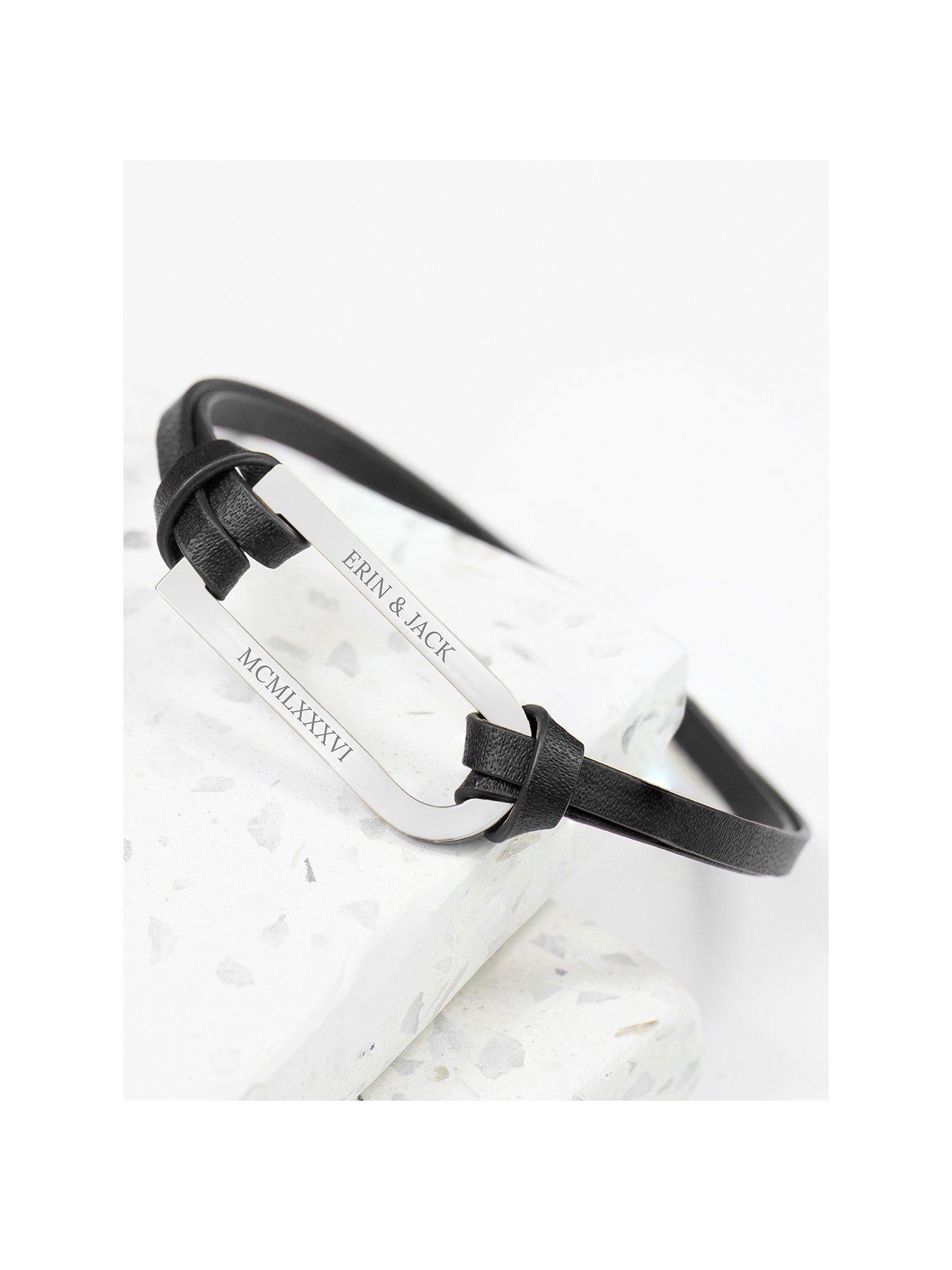 Product photograph of Treat Republic Personalised Men S Bar Black And Silver Leather Bracelet from very.co.uk