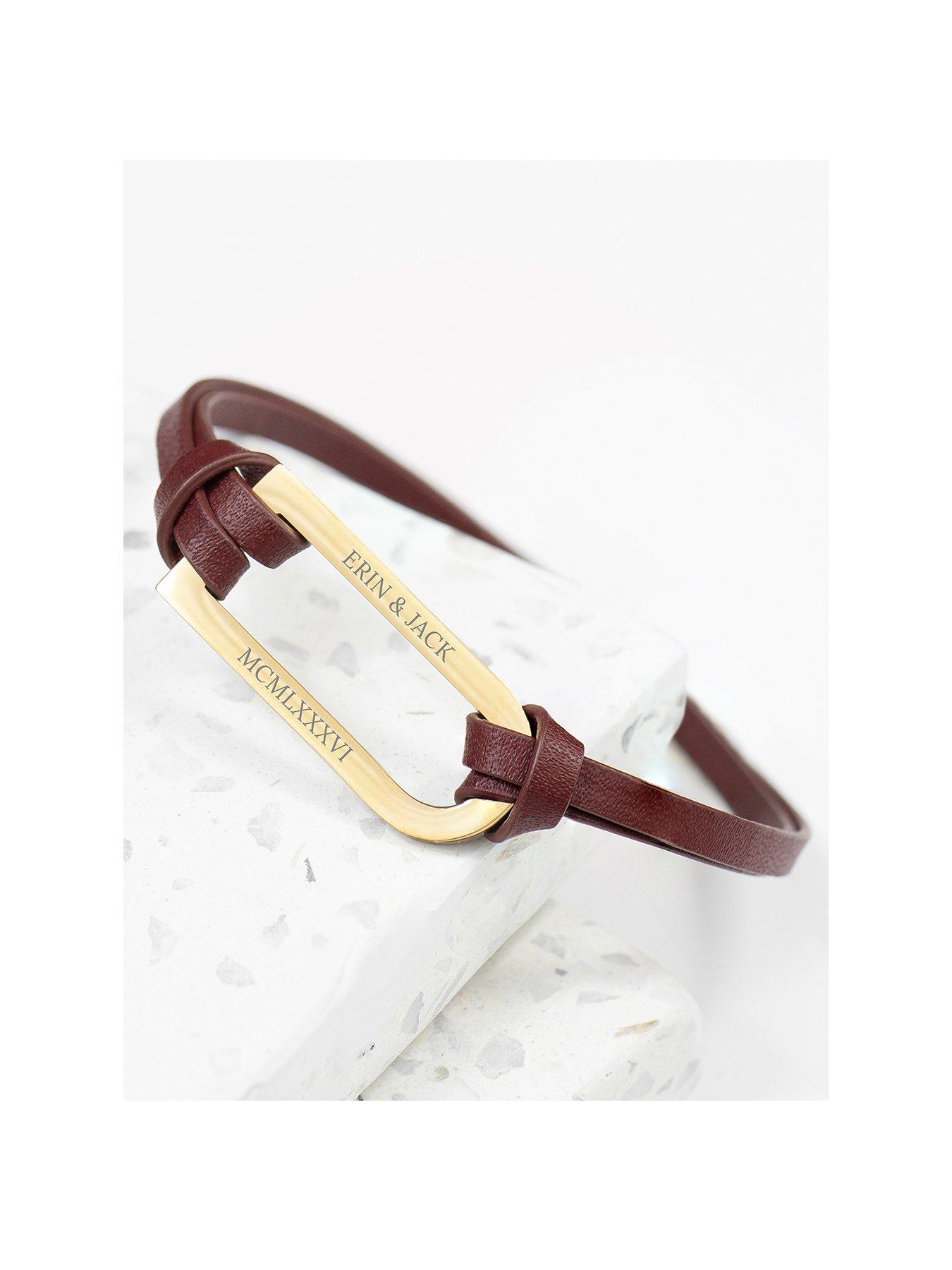 Product photograph of Treat Republic Personalised Men S Bar Brown And Gold Leather Bracelet from very.co.uk