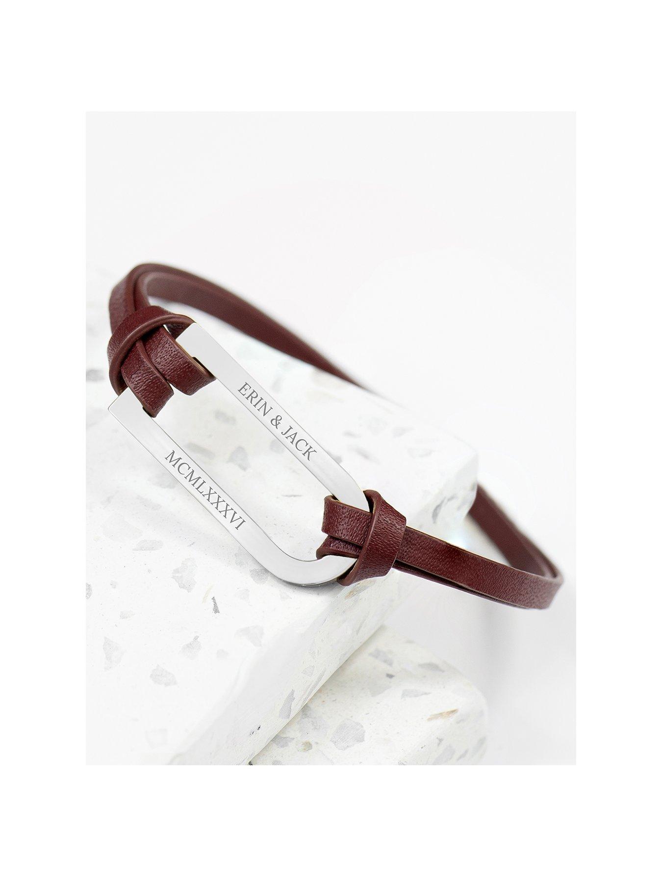 Product photograph of Treat Republic Personalised Men S Bar Brown And Silver Leather Bracelet from very.co.uk
