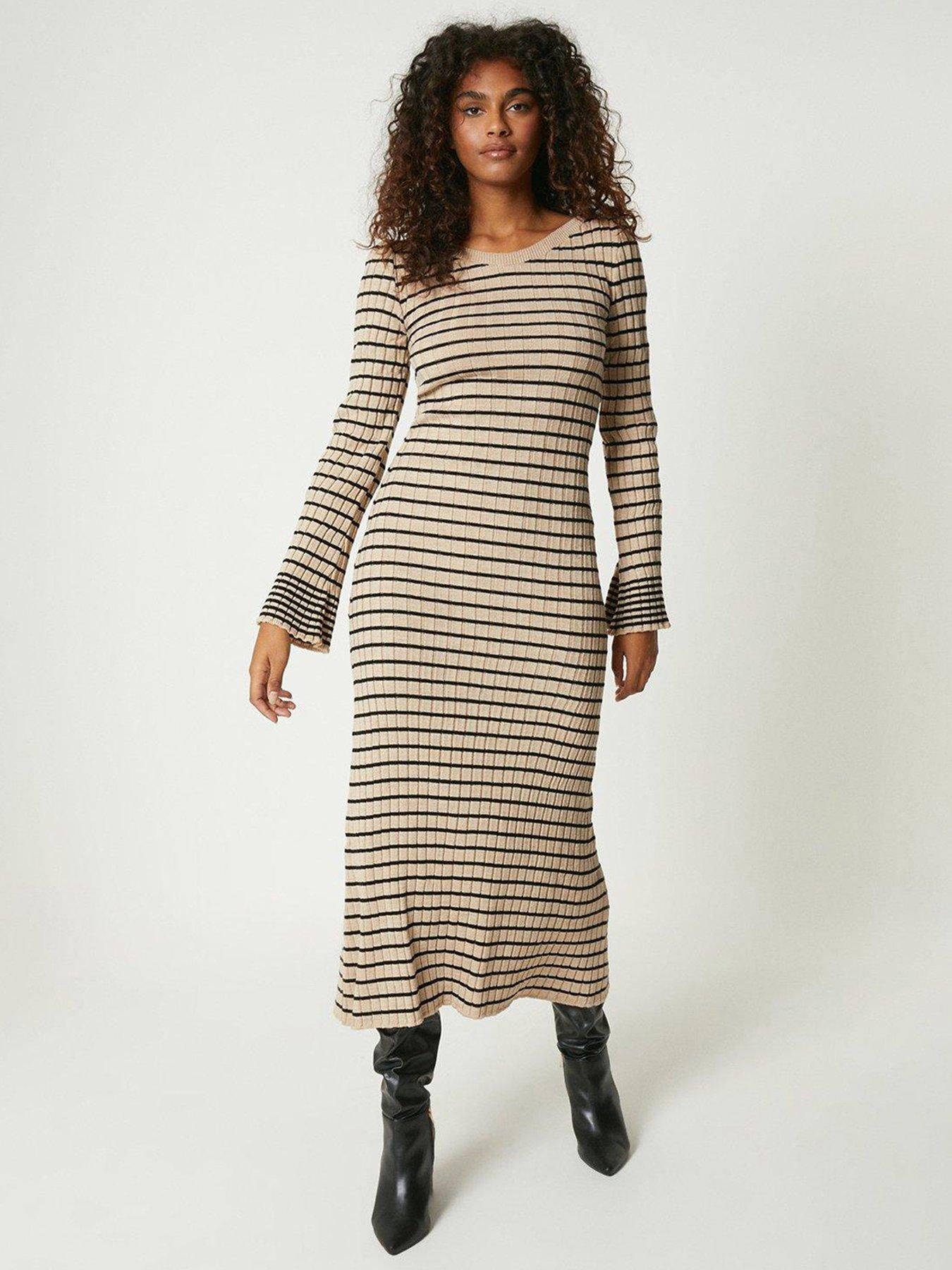 Dorothy Perkins Flute Sleeve Slash Neck Maxi Knitted Dress Beige