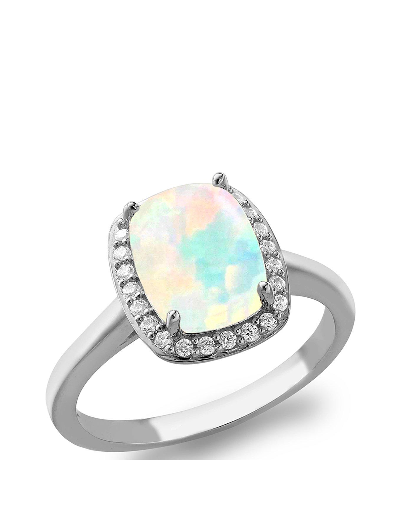 Product photograph of The Love Silver Collection Sterling Silver Rhodium Plated Rectangle Synthetic Opal And White Cz 10mm X 11mm Halo Ring from very.co.uk