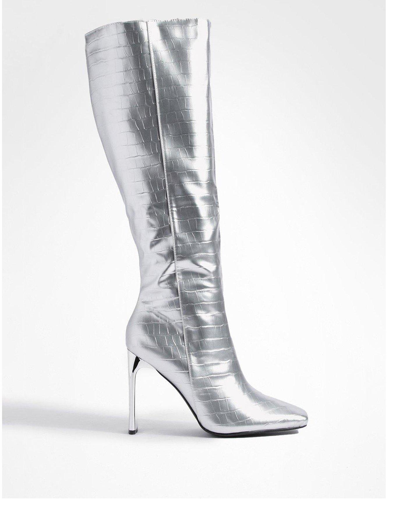Silver knee high boots uk store