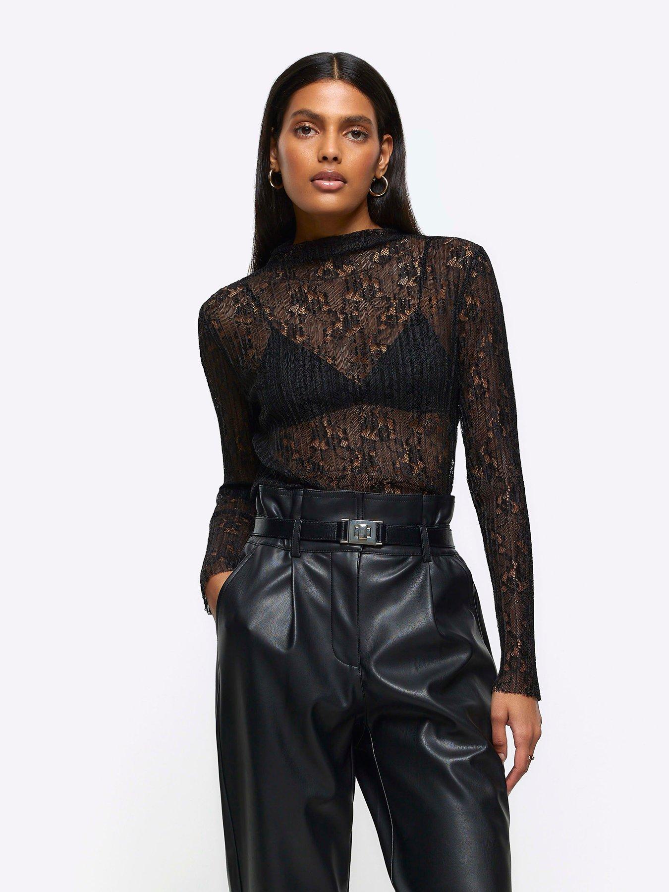 River Island Pleated Lace Top - Black | Very.co.uk