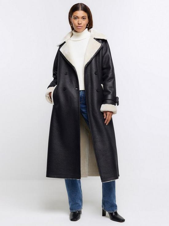 front image of river-island-shearling-trench-black