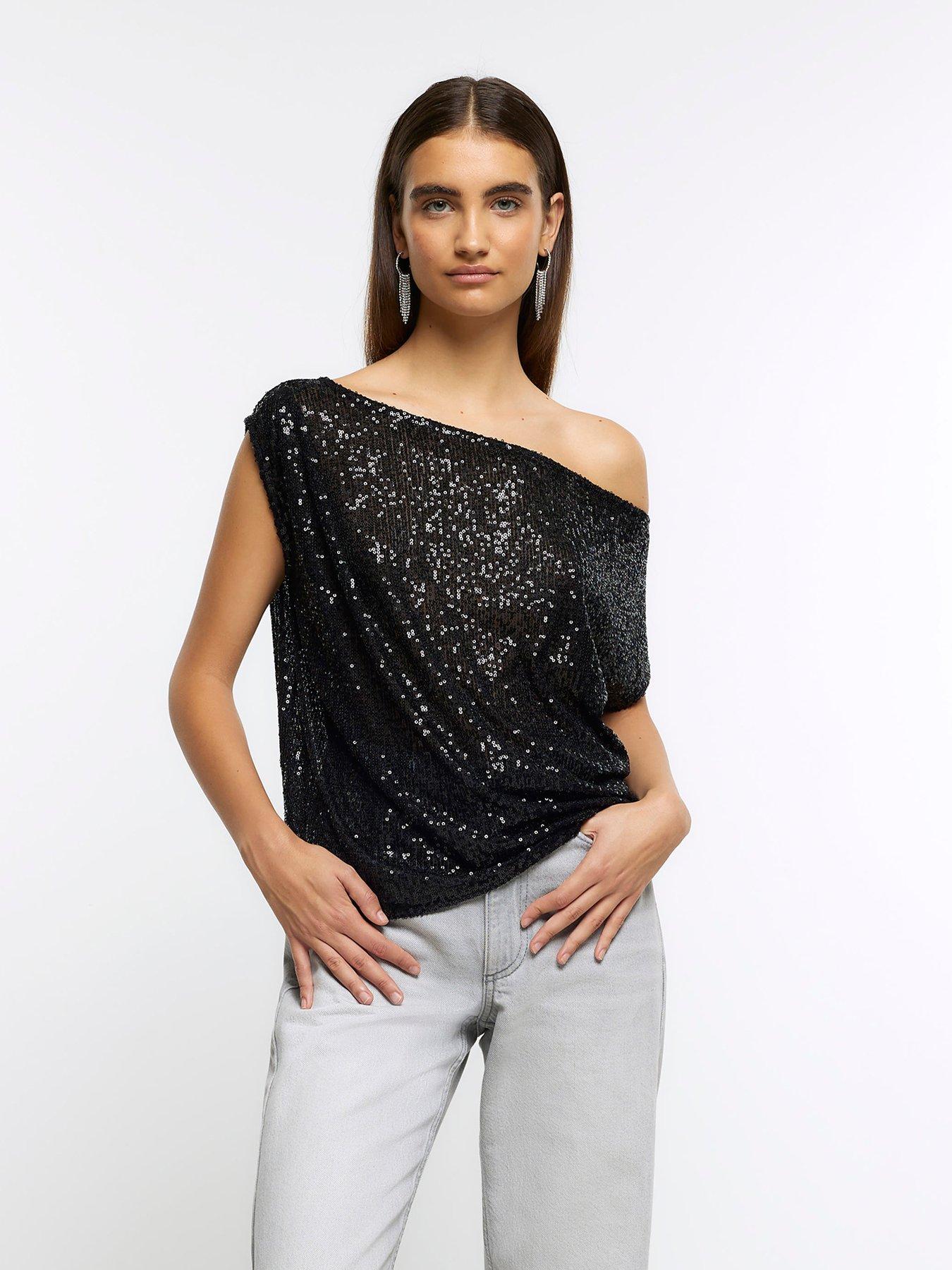 River Island Sequin One Shoulder Top Black Very