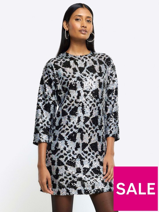 front image of river-island-abstract-sequin-smock-dress-black