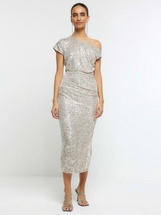 front image of river-island-ruched-bardot-dress-silver