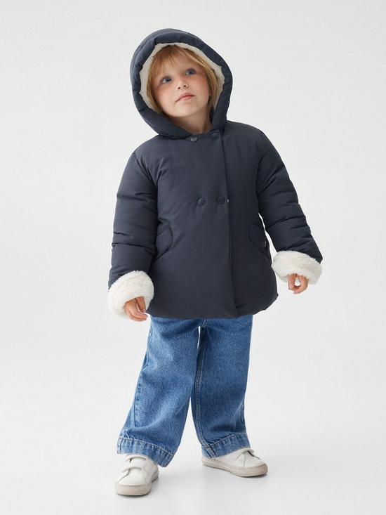 stillFront image of mango-younger-girls-faux-fur-lined-hooded-coat-navy