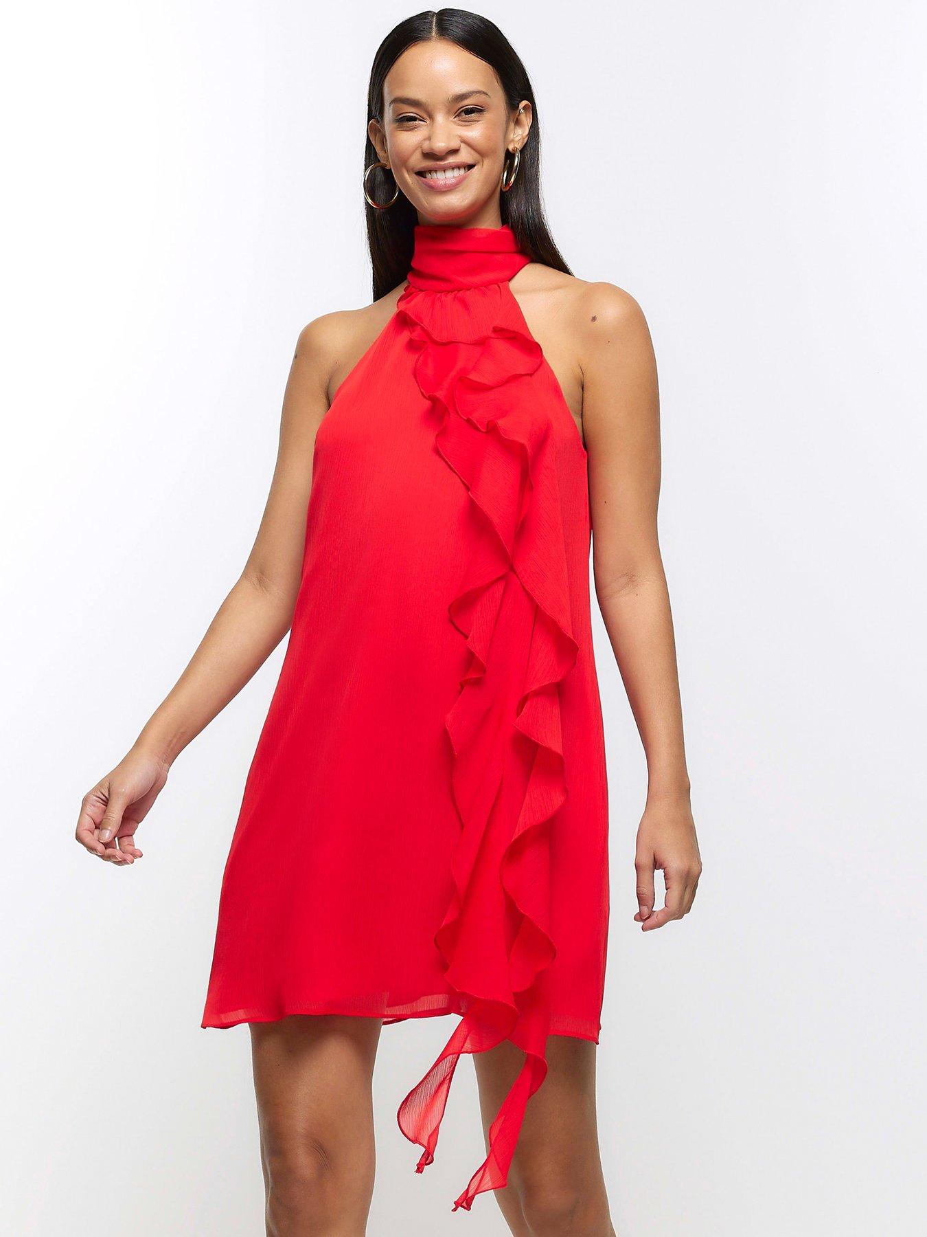 River Island Halterneck Frill Mini Dress - Red | Very.co.uk