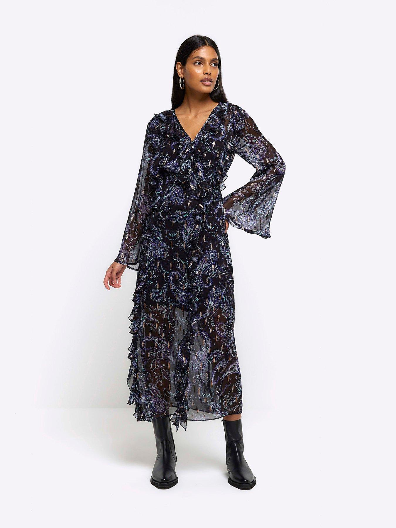 River Island Ruffle Midi Dress - Black | Very.co.uk