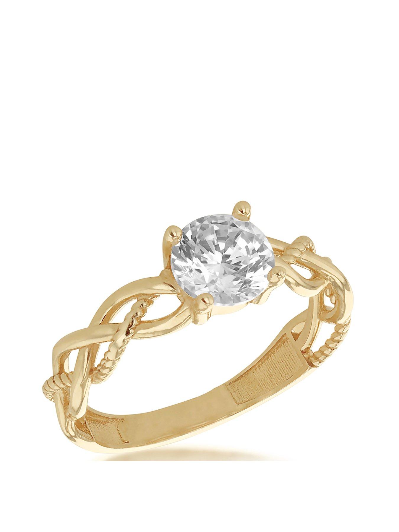 The Love Collection 9ct Yellow Gold 6mm White Round Cut CZ Plaited Solitaire Ring